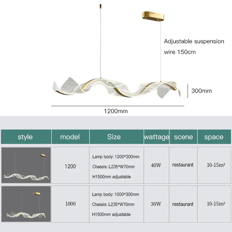 Gold Wave Design Acrylic Pendant Light Chandelier for Living Room & Kitchen