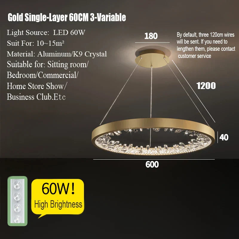 Crystal LED Chandelier Circle Hanging Lamp - Modern Luxury Dimmable Lighting