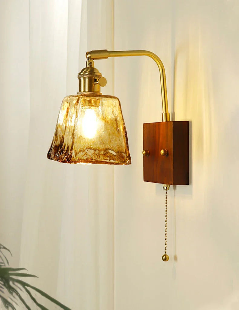 Wooden Brass Glass Wall Lamp Modern Bedroom Bedside Light