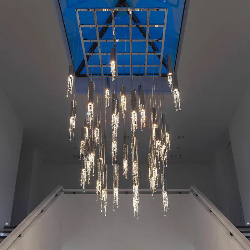 Crystal Staircase Chandelier: Modern LED Lighting for Living Room, Hall, or Loft