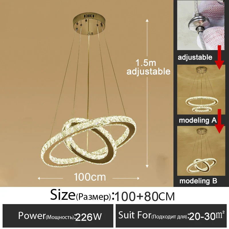 Gold Gloss LED Crystal Ring Chandelier for Modern Luxury Living Room