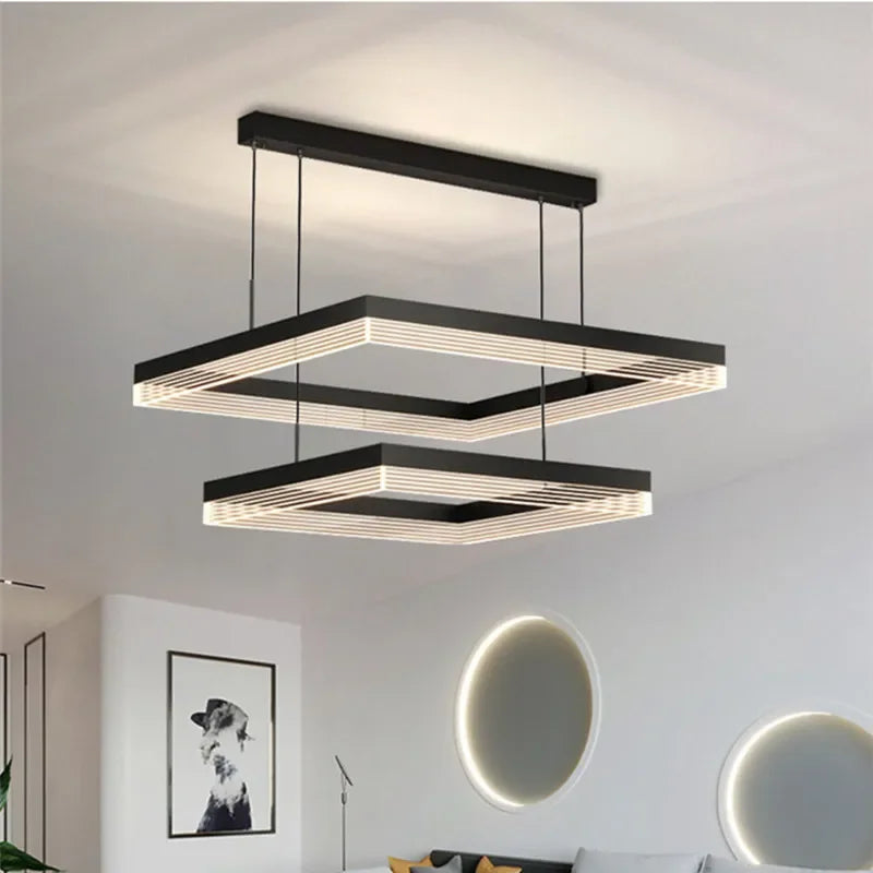Minimalist Black Square Frame LED Chandelier for Living Room