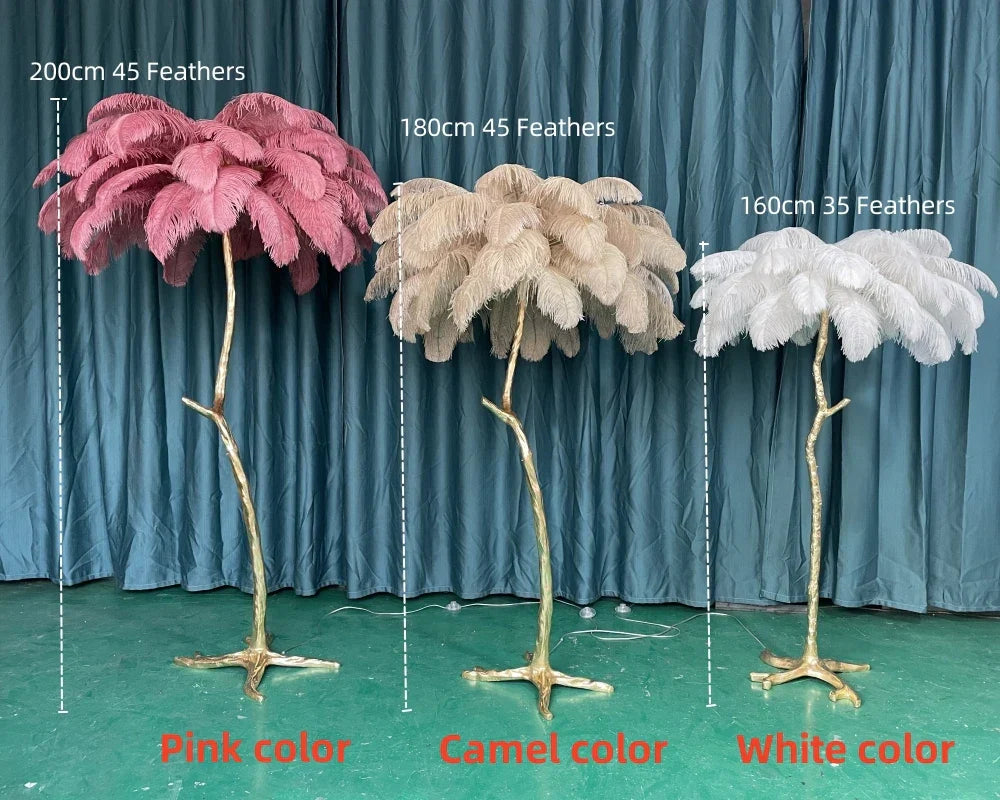 Princess Living Room Luxury Ostrich Feather Floor Lamp in Camel Lush LED Lighting