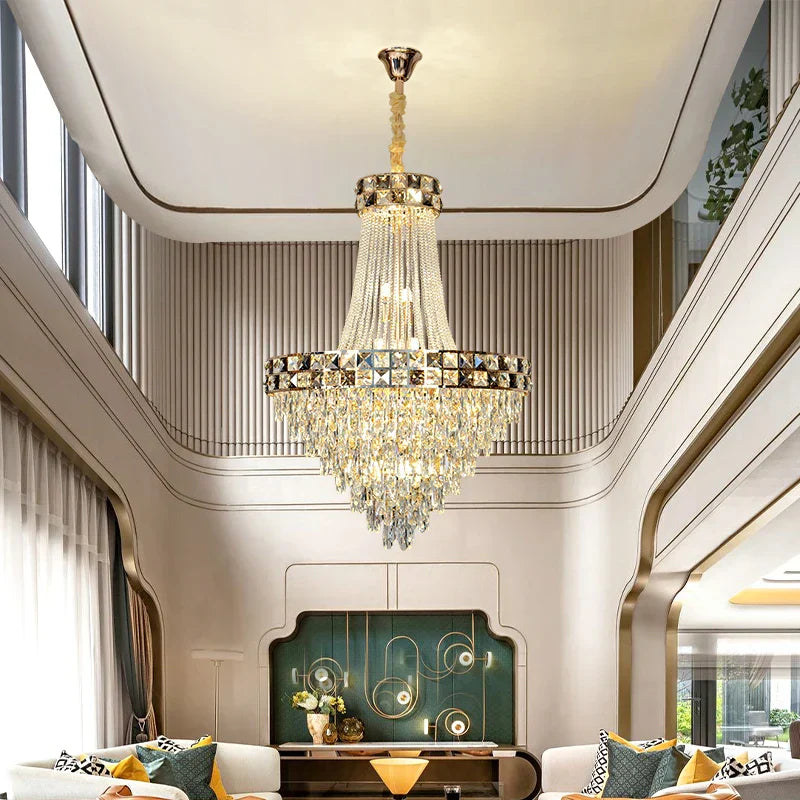 Smart Dimming Crystal Chandelier for Luxury Villa Living Room, High-end Duplex Building Atmosphere