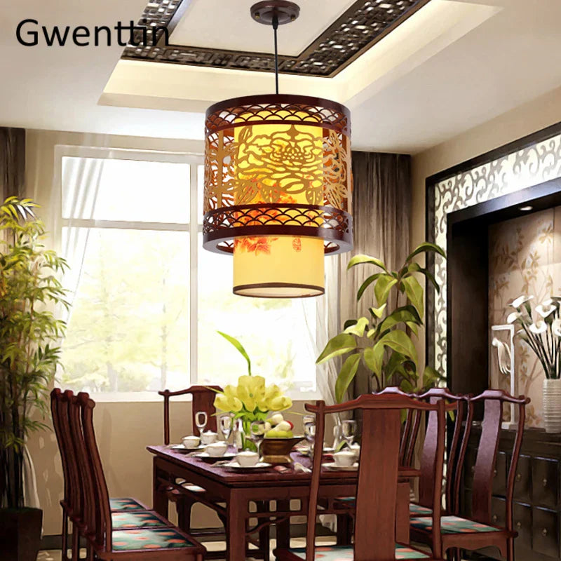 Antique Wood Pendant Lights for Dining Room, LED Living Room Decor Lighting Fixtures