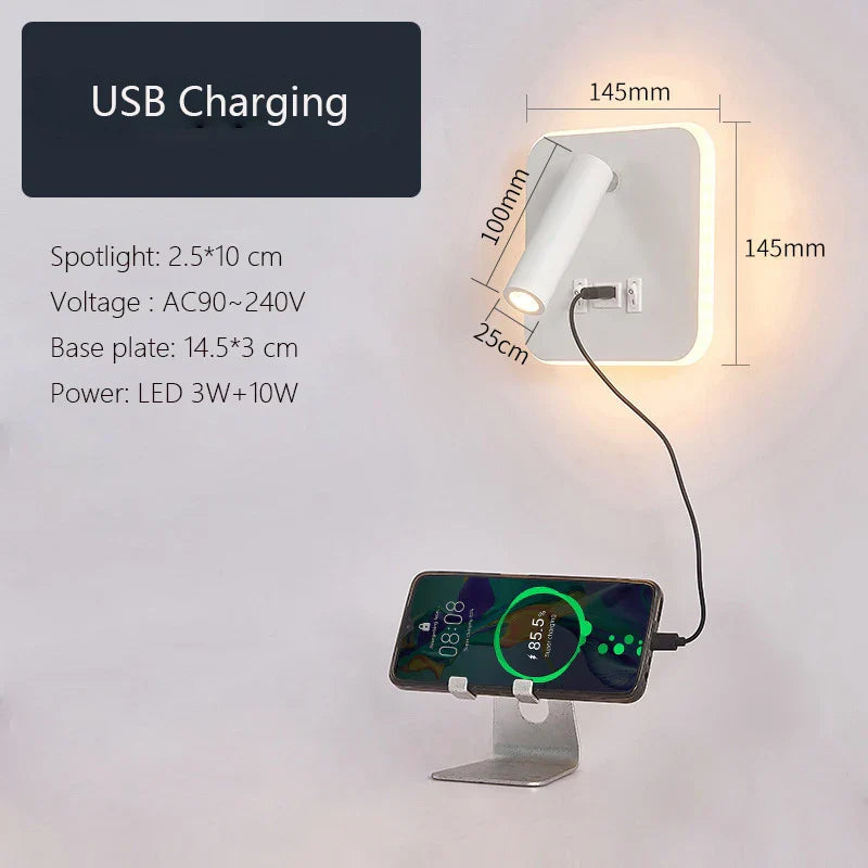 LED Wall Lamp USB Charging Bedroom Hotel Bedside Reading Sconce Switch
