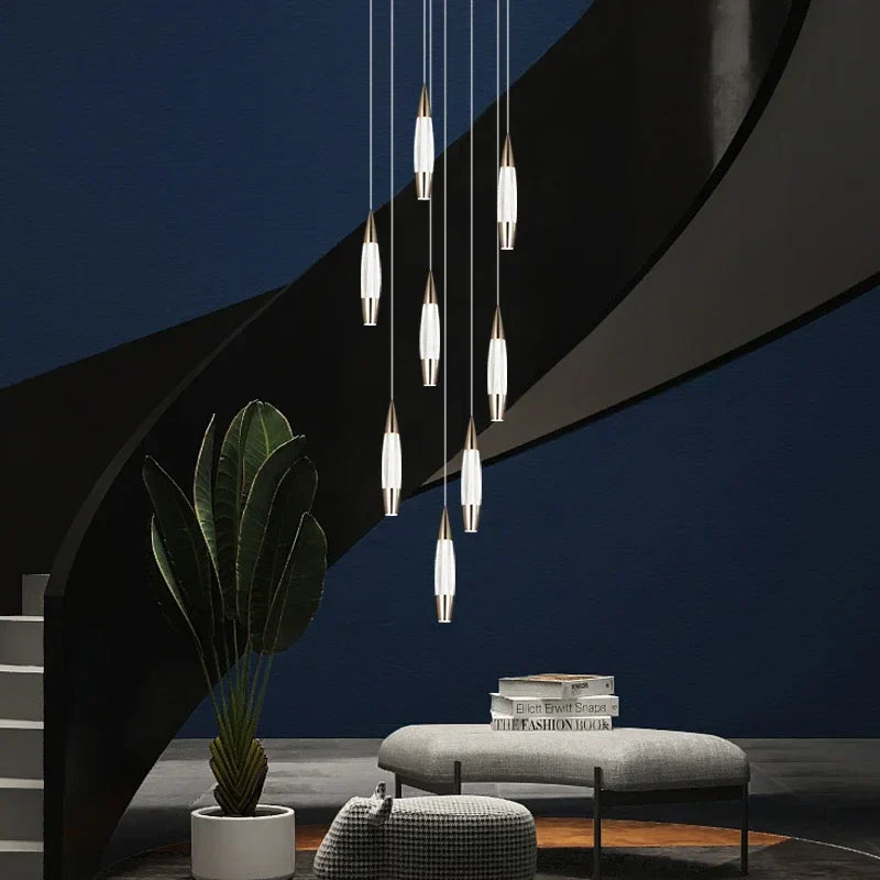 Modern LED Staircase Chandelier in Black Gold Finish