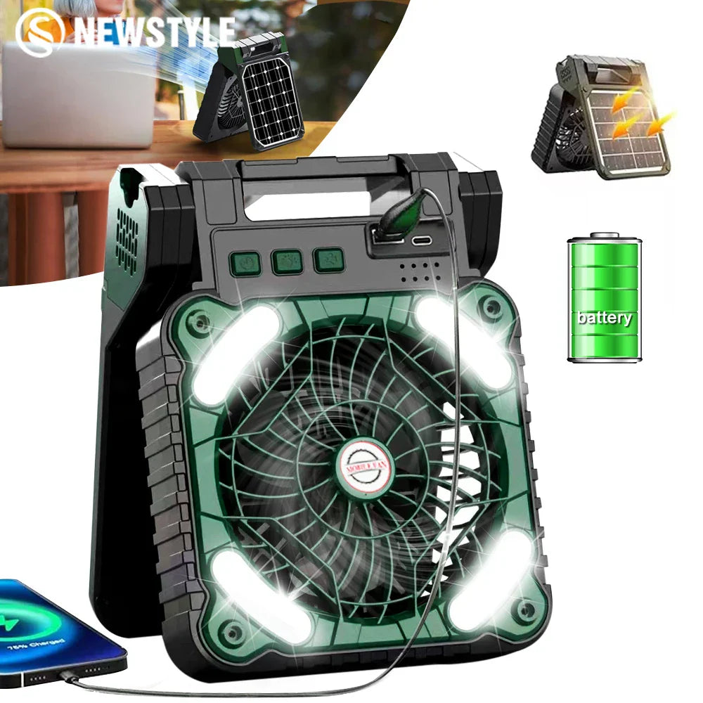 Solar Fan Camping Light: Portable Desk Lamp, 4 Speeds, Rechargeable for Outages & Outdoor Retreats