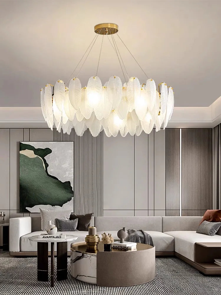 Glass Feather Chandelier: Luxury Art Decor for Living Dining Room