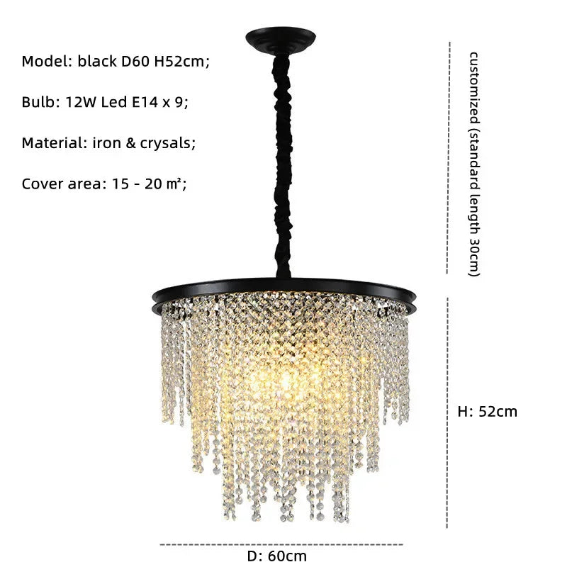 Retro E14 LED Pendant Lights in Black/Gold Finish - Elegant Crystal Suspension Lamp
