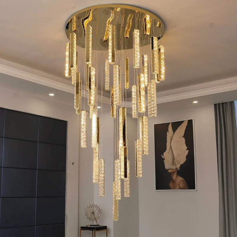 Gold Chrome Steel Crystal Pendant Lights with Dimmable LED for Villa Stair