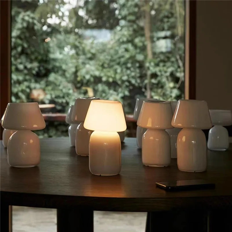 Apollo Mushroom Glass Table Lamp - White Glass Bedside Night Light