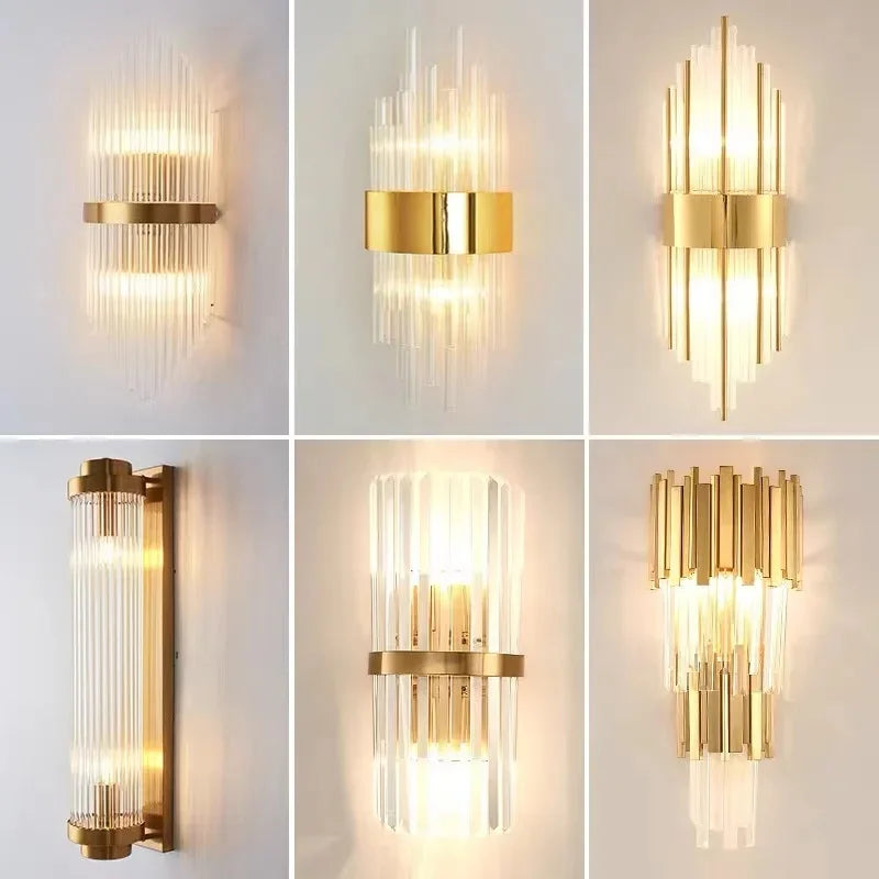 Luxury Crystal Glass Wall Sconce Light Fixture Gold for Bedroom Living Room