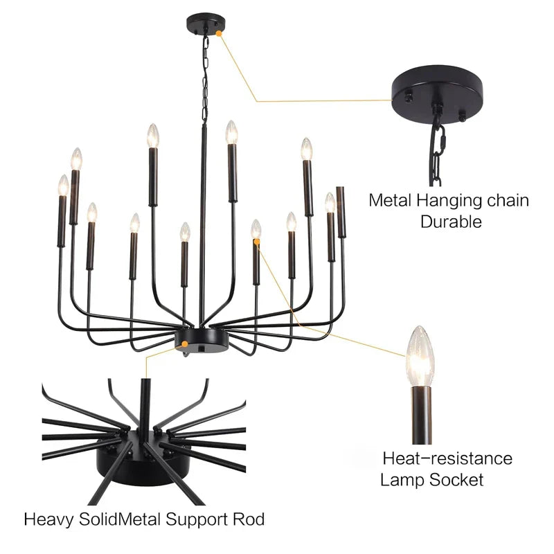 Modern Black Chandelier 6-Light Candle Pendant Light for Dining Room and Kitchen