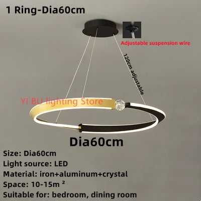 Black Gold LED Ceiling Chandelier Crystal Decorative Pendant Lamp for Dining Room Bedroom