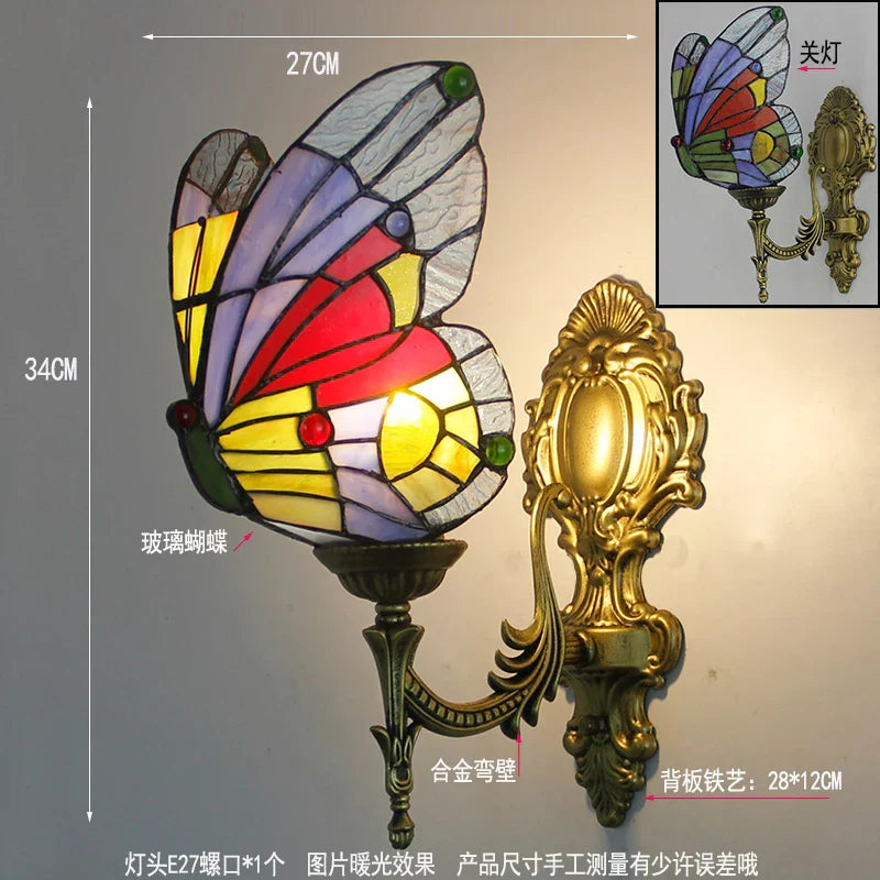 Butterfly Glass Sconces LED Wall Lamps Tiffany Mediterranean Bedroom Lighting
