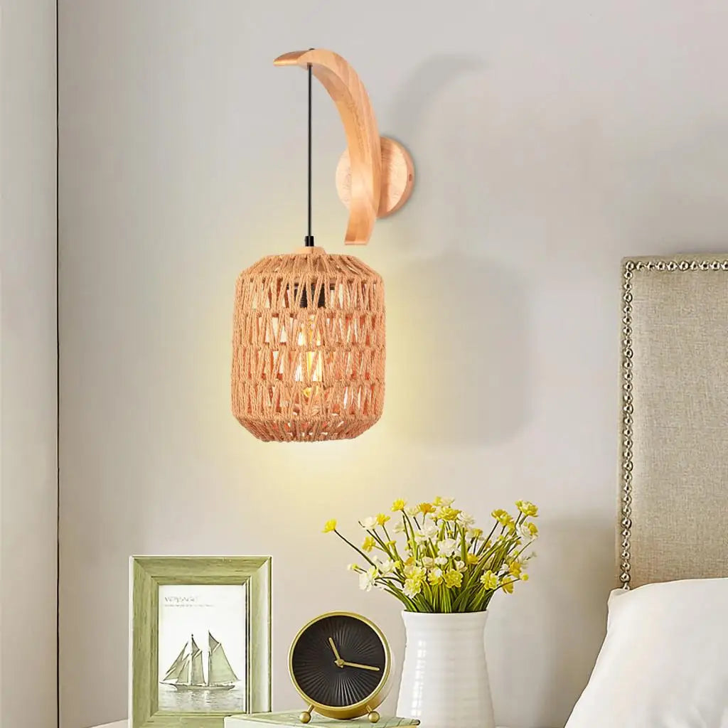 Modern Wood Hemp Rope Wall Sconce for Indoor Home Decor Lighting