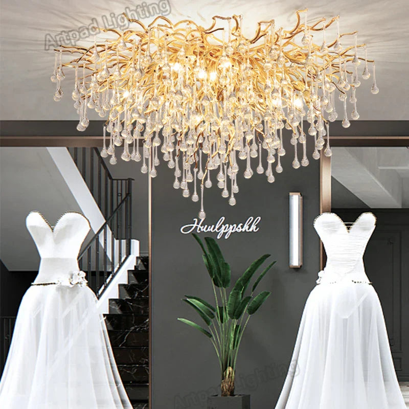 Modern Crystal Gold Tree Branch Ceiling Chandelier for Bedroom and Living Room