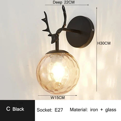 Retro Antlers Glass Ball Wall Lamp for Indoor LED Decor Lighting
