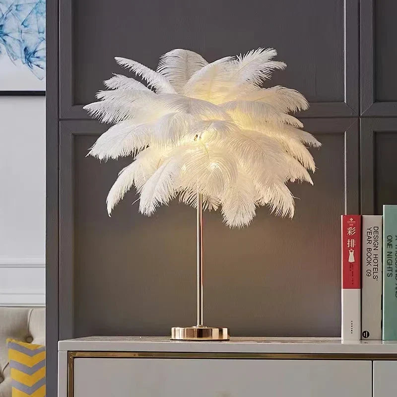 Nordic Feather Tree Lamp: Pink White Ostrich Feather Bedside Table Lamps