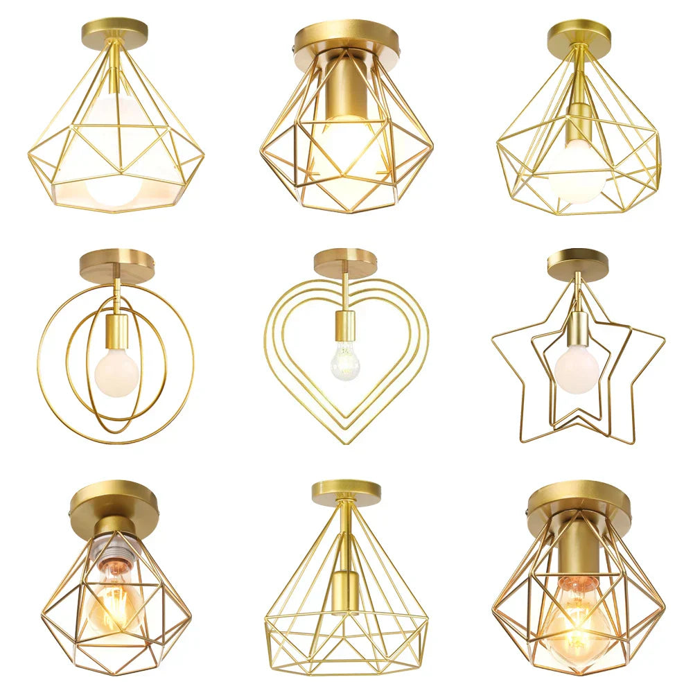 Gold Iron Cage Ceiling Light Modern Nordic Decor Retro Loft Fixture E27