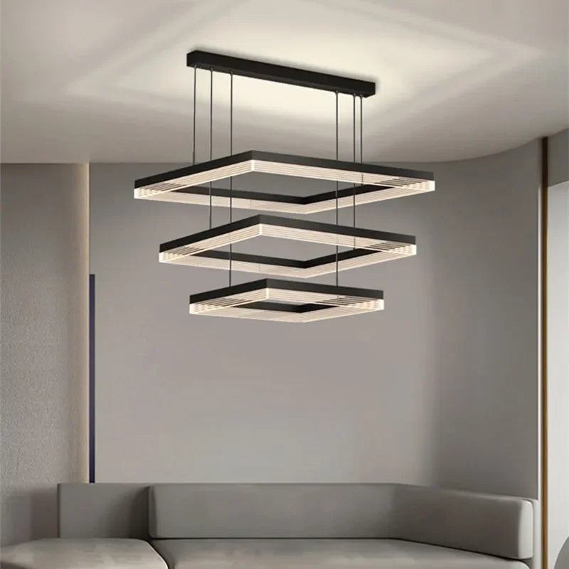 Minimalist Black Square Frame LED Chandelier for Living Room