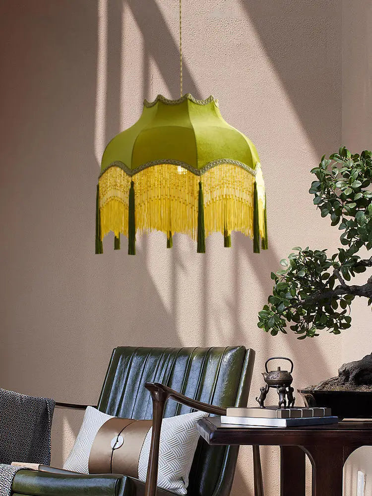 Vintage Green Cloth Tassels LED Ceiling Chandelier Pendant Lights Home Decor