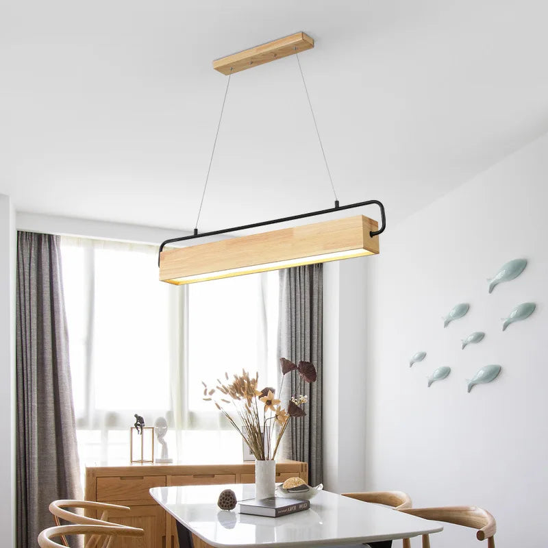 Nordic Wood LED Pendant Light with Metal Rod for Dining Room & Cafe