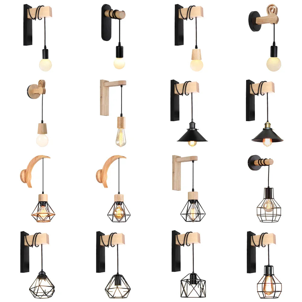 Loft American Iron Wood Wall Sconce Vintage Cage Guard Lampshade Fixture