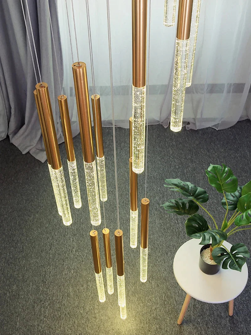 Modern Gold Crystal LED Staircase Chandelier for Large Hallway Lobby Loft
