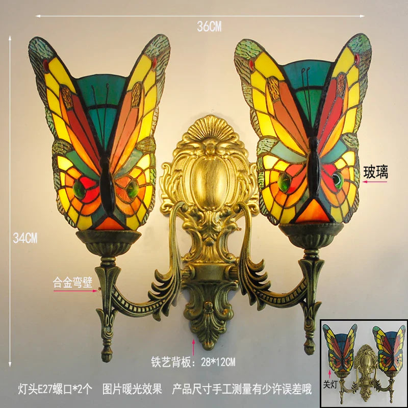 Butterfly Glass Sconces LED Wall Lamps Tiffany Mediterranean Bedroom Lighting