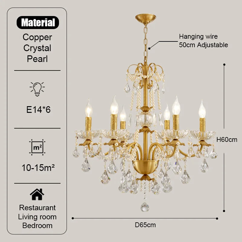 Gold Brass Crystal Chandelier - Luxurious Candle Lights for Villa Living Room