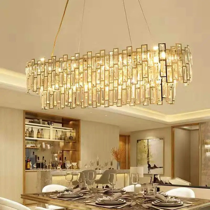 Gold Steel Crystal Pendant Chandelier - Luxury LED Dining Room Hanging Lamp