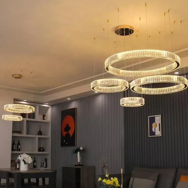 Luxury Gold Steel Crystal Chandelier Pendant Lights - Remote Control Dimmable Fixture