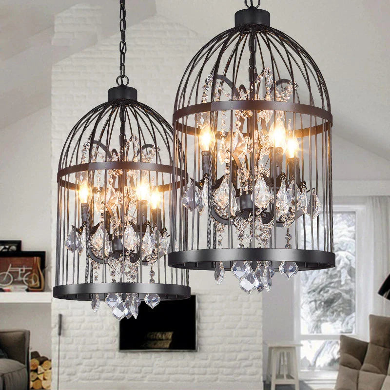 Iron Birdcage Crystal Chandelier: Spherical Pendant Light for Home Decor
