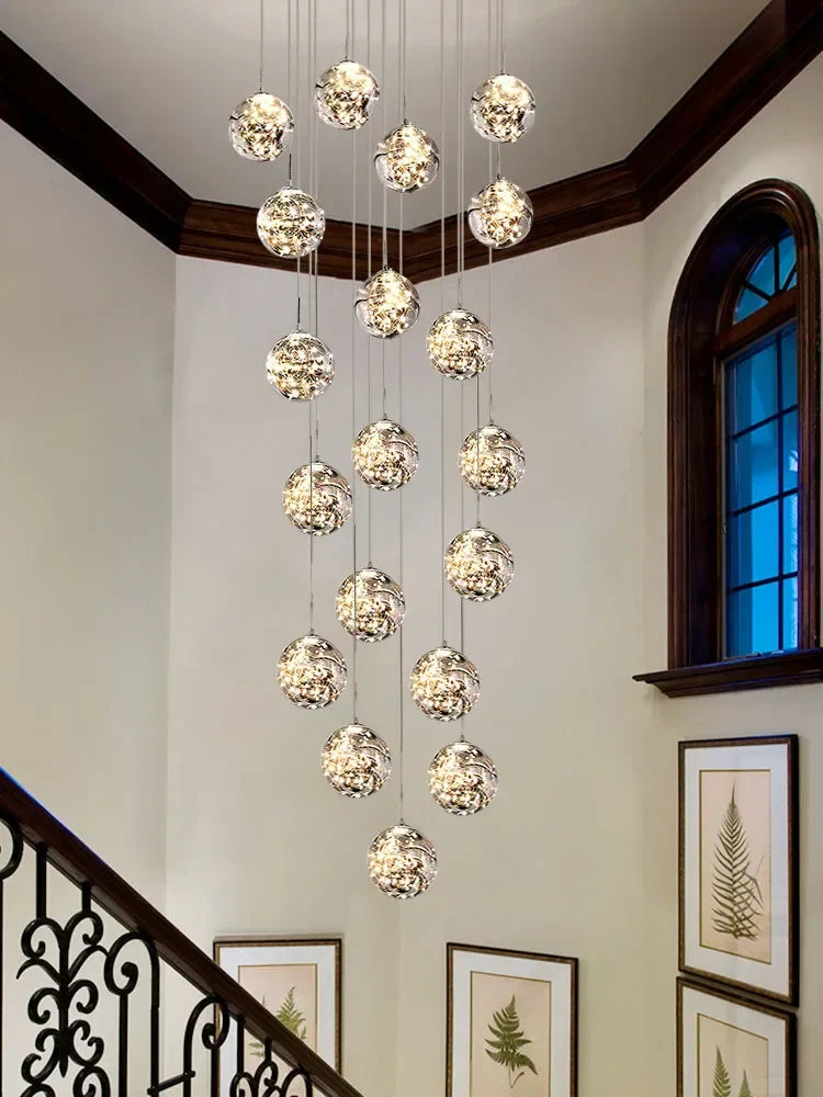 Glass Chandelier: Gold LED Staircase Lighting, Minimalist Design
