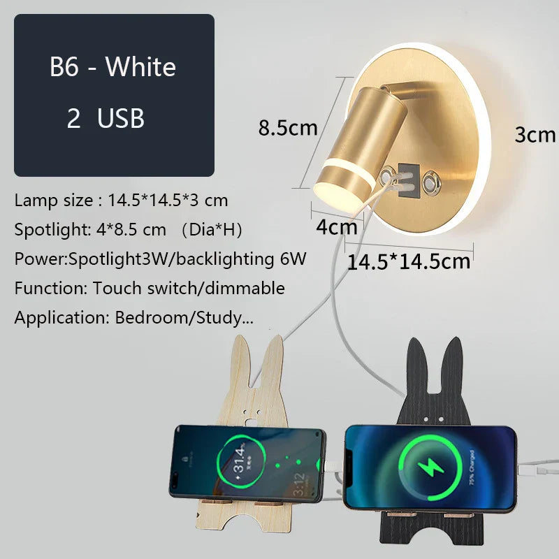 LED Wall Sconce Lamp Touch Switch USB Bedside Reading Light Tri-color Diammable