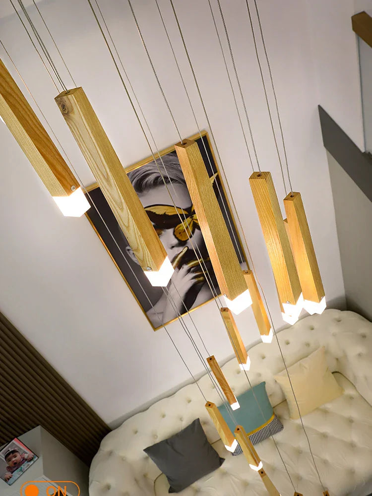 Wooden Chandelier: Modern LED Staircase Hanging Light