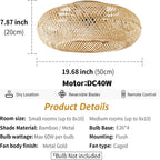 Bamboo Ceiling Fan with Rattan Cage Light & Remote Control