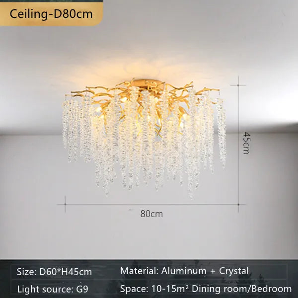 Crystal Branch Chandelier: Elegant French Style Ceiling Light for Living & Dining Room