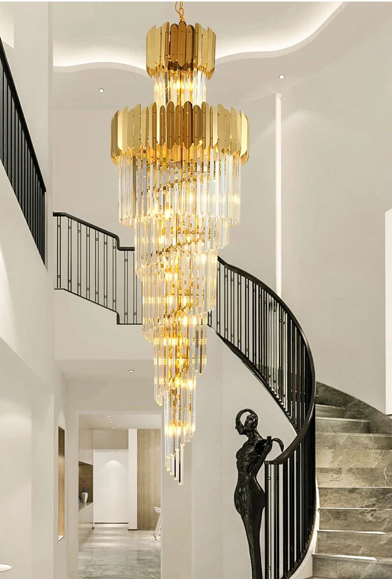 Golden Luxury Hotel Lobby Crystal Chandelier for Multi-Story Staircase Lighting