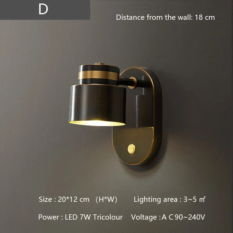 Nordic Brass Wall Lamp with Switch, Modern Minimalist Indoor LED Wall Light