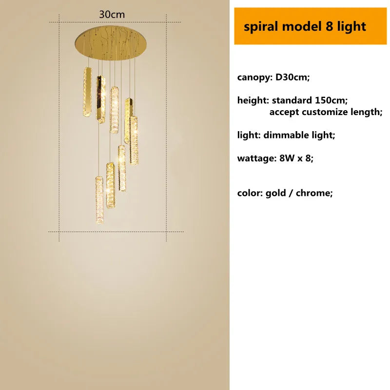 Crystal Lustre Pendant Lights with Dimmable LED, Adjustable Cable - Gold Chrome Steel