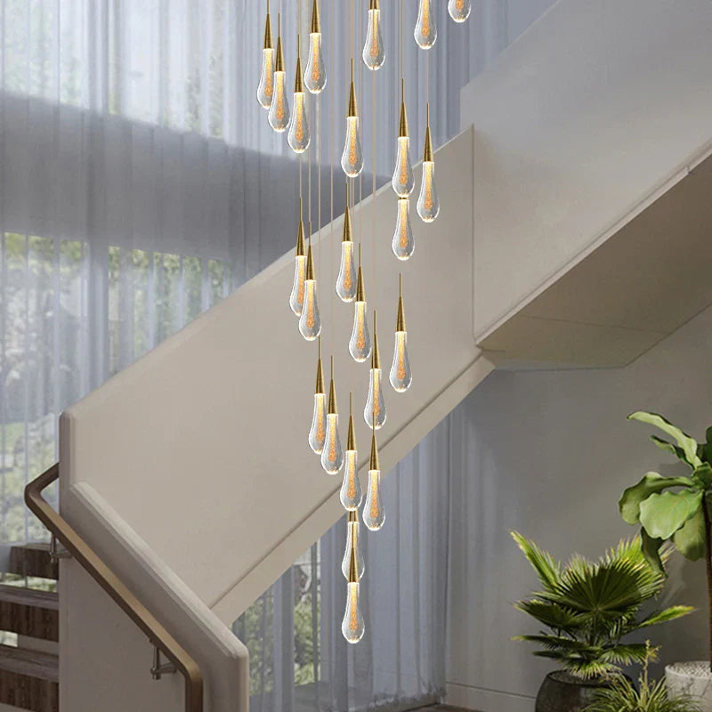Crystal Tear Drop Chandelier for Staircase, LED Pendant Light in Gold - Indoor Decor