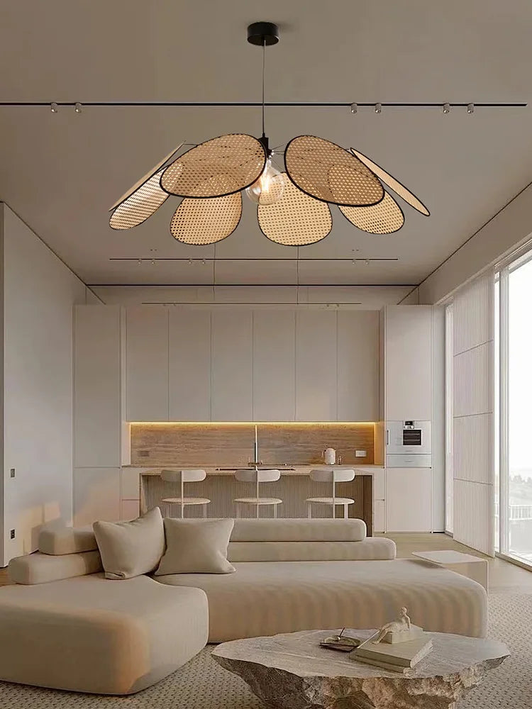 Leaf Grid Handmade Rattan Screen Chandelier for Modern Living Room and Bedroom