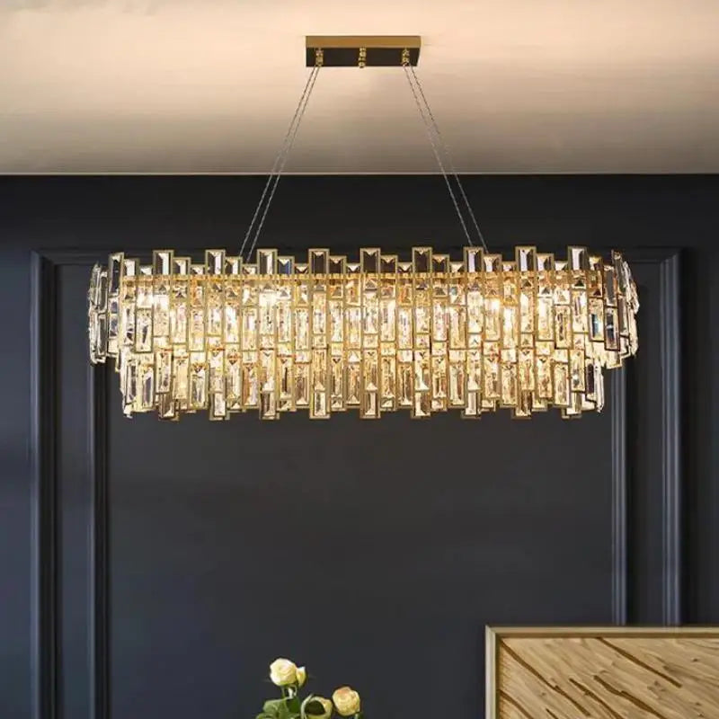 Gold Steel Crystal Pendant Chandelier - Luxury LED Dining Room Hanging Lamp