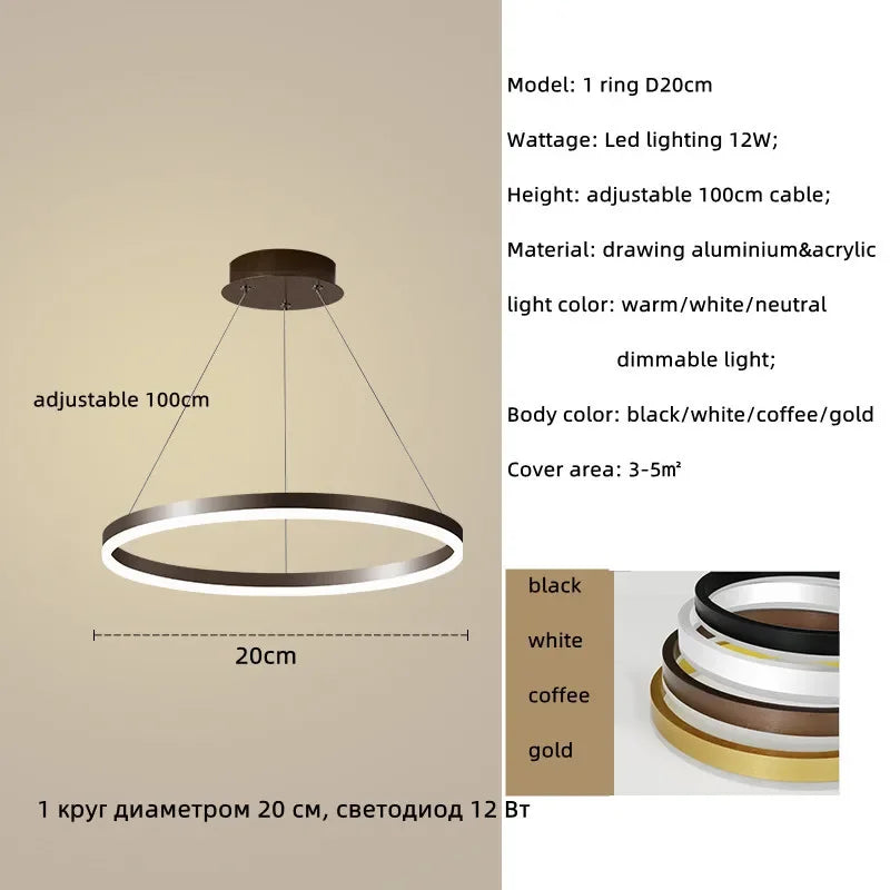 Modern LED Dimmable Chandelier Suspend Lighting, Aluminium Circle Ring Pendant Lights