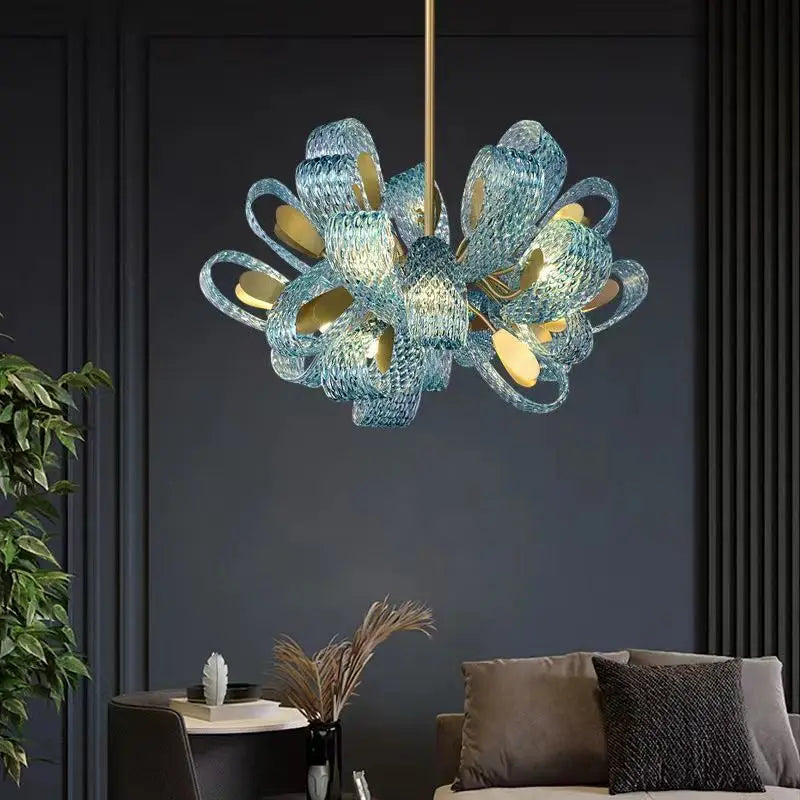 Peacock Leaf LED Ceiling Chandelier for Living Room - Modern Art Deco Blue Copper Lamp