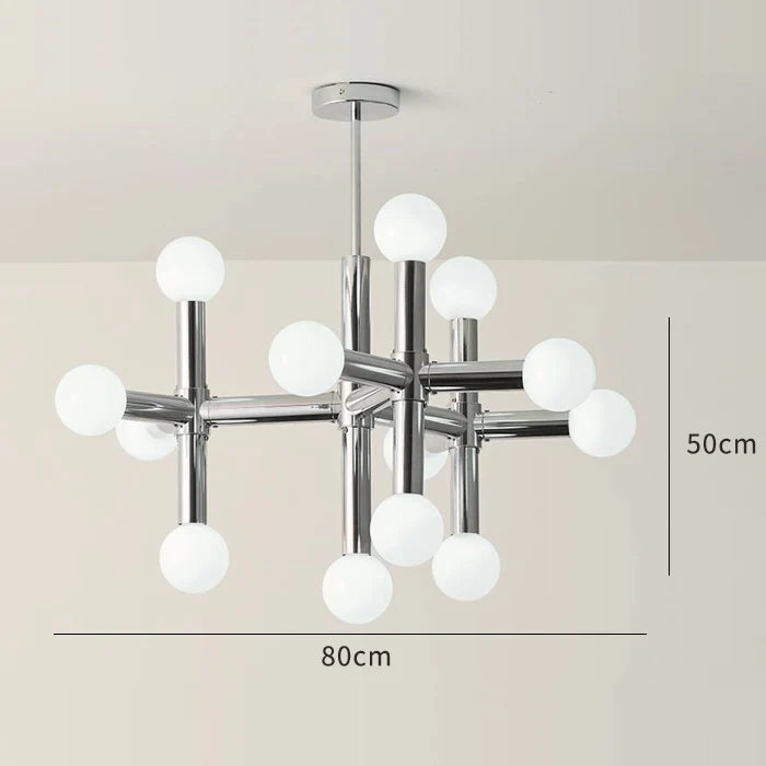 Tubular Chrome Chandelier with White Glass Shades - Modern Mid-Century Lighting
