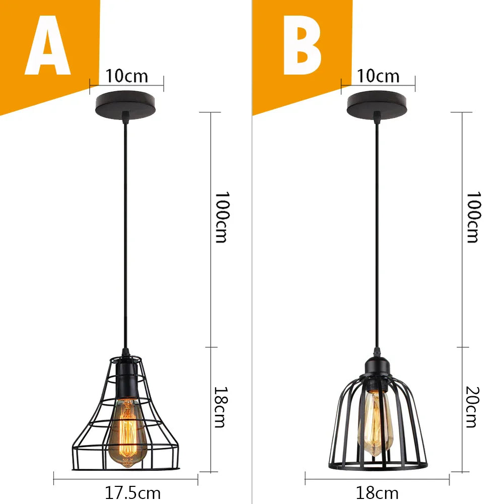 Black Metal Cage Pendant Light - Vintage Industrial Loft Kitchen Lighting